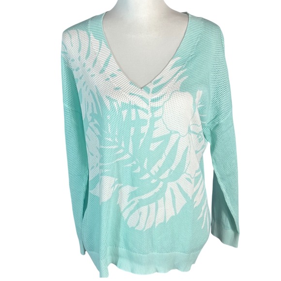 Tommy Bahama Sweaters - Tommy Bahama Sweater Women Medium Aqua Tropical Leaf Print V-Neck Cotton Knit